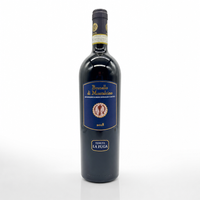 Brunello di Montalcino 2018, Tenuta La Fuga, dunkle Flasche mit goldenem Siegel.